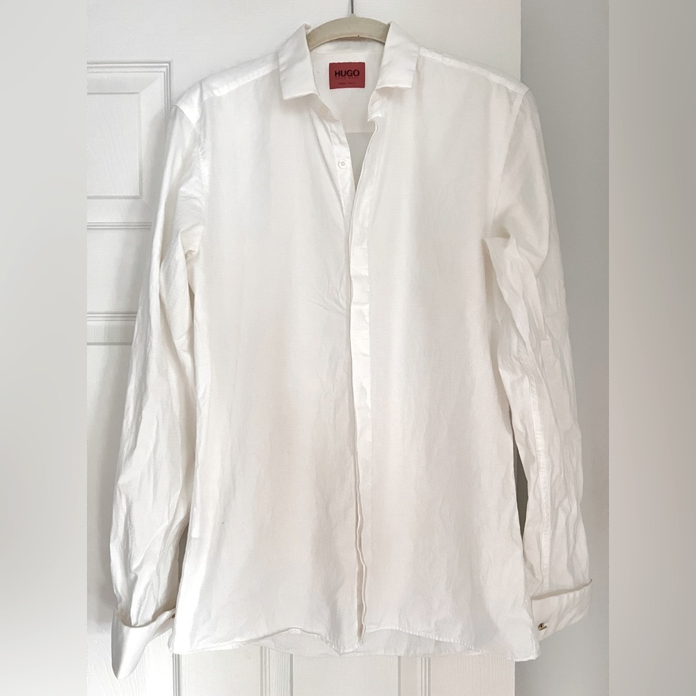 Hugo Boss extra Slim fit dress Shirt white Double cuffs concealed placket Men 15